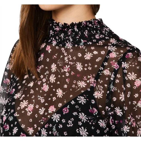 NEW BCBGENERATION sheer floral print chiffon smocked top in black - Picture 5 of 6